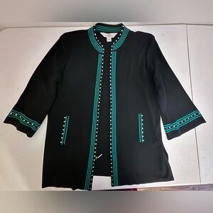 Ming Wang black and aqua green striped knit cardigan sz L-0417